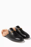 Black Leather & Lamb-Lined Princetown Loafers