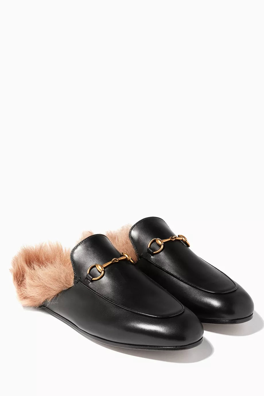 Black Leather & Lamb-Lined Princetown Loafers