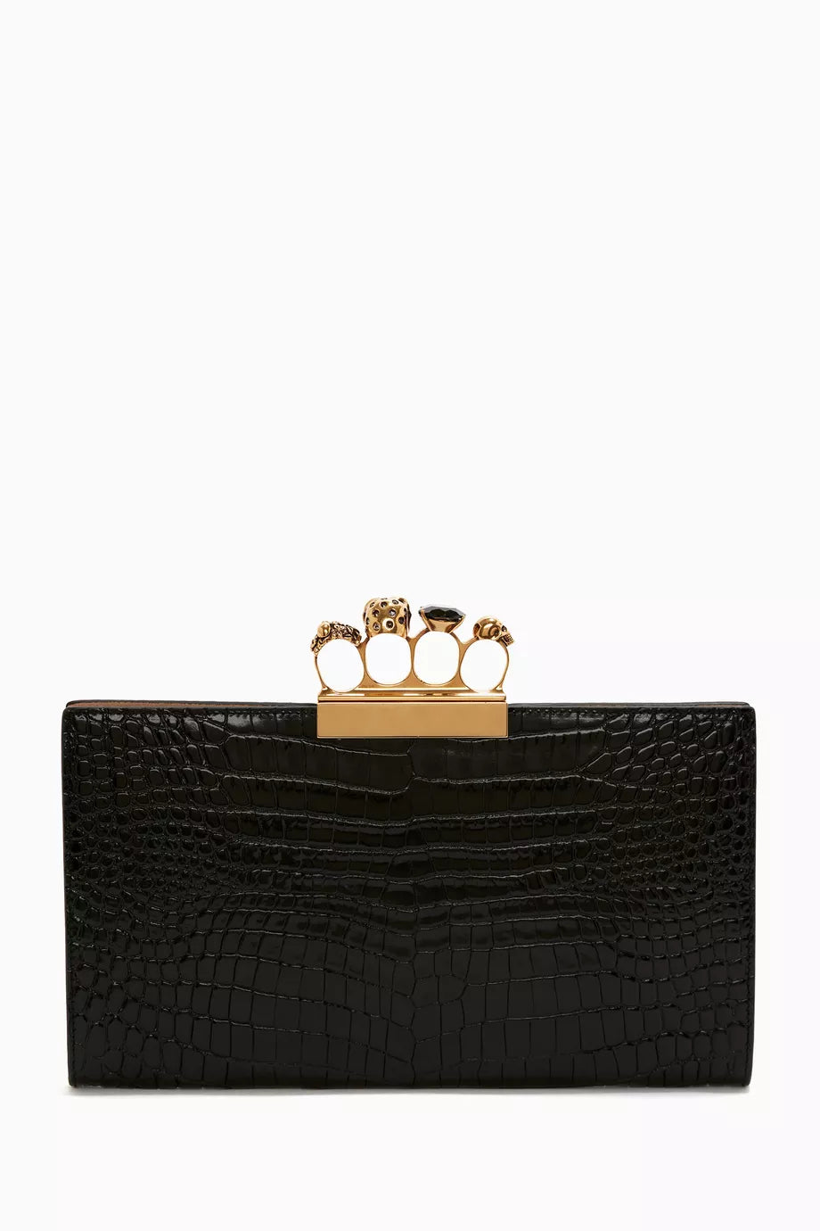 Four Ring Flat Pouch in Croc-embossed Leather