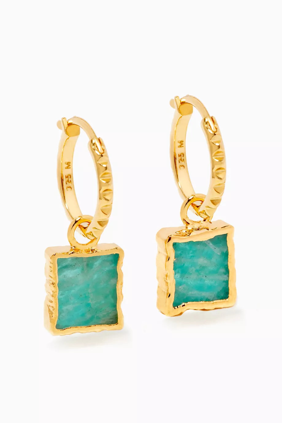 Mini Amazonite Pyramid Charm Hoop Earrings in 18kt Gold-Plated Brass