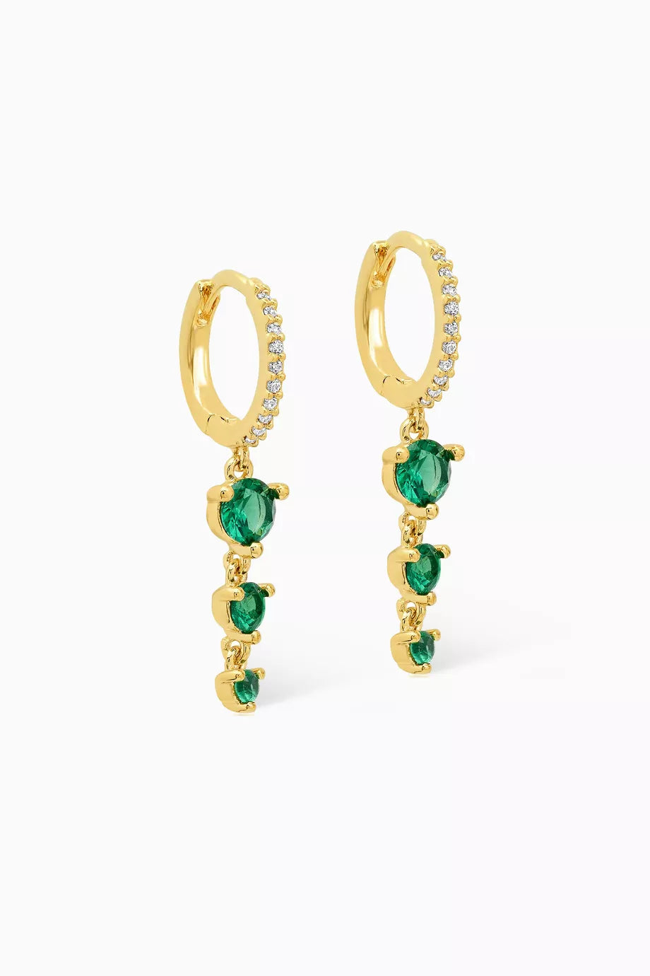 Glass Stone Dangles Pave Huggie Earrings in Gold-plated Brass