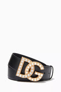Belt with Rhinestone & Pearl Millenial DG Logo in Leather, 40mm