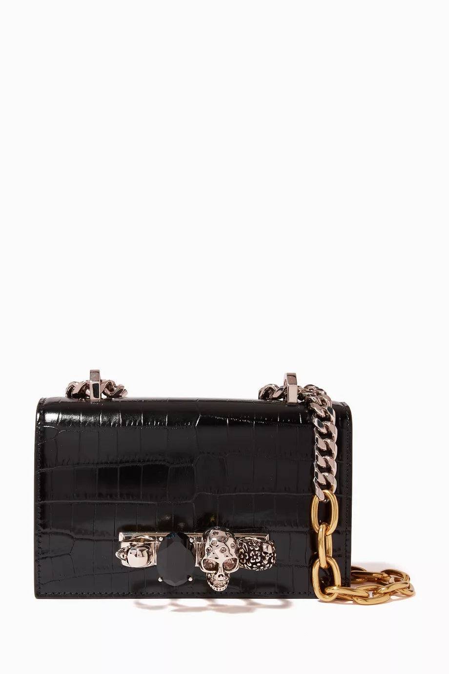 Mini Jewelled Satchel Bag in Croc-embossed Leather