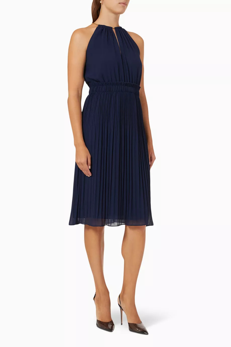 Chain-neck Midi Dress in Pleated-fabric