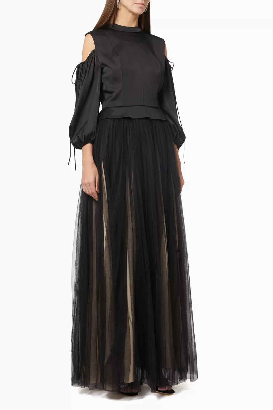 Cold Shoulder Gown in Crepe & Tulle