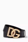 DG Rhinestones & Pearls Belt in Leather, 40mm