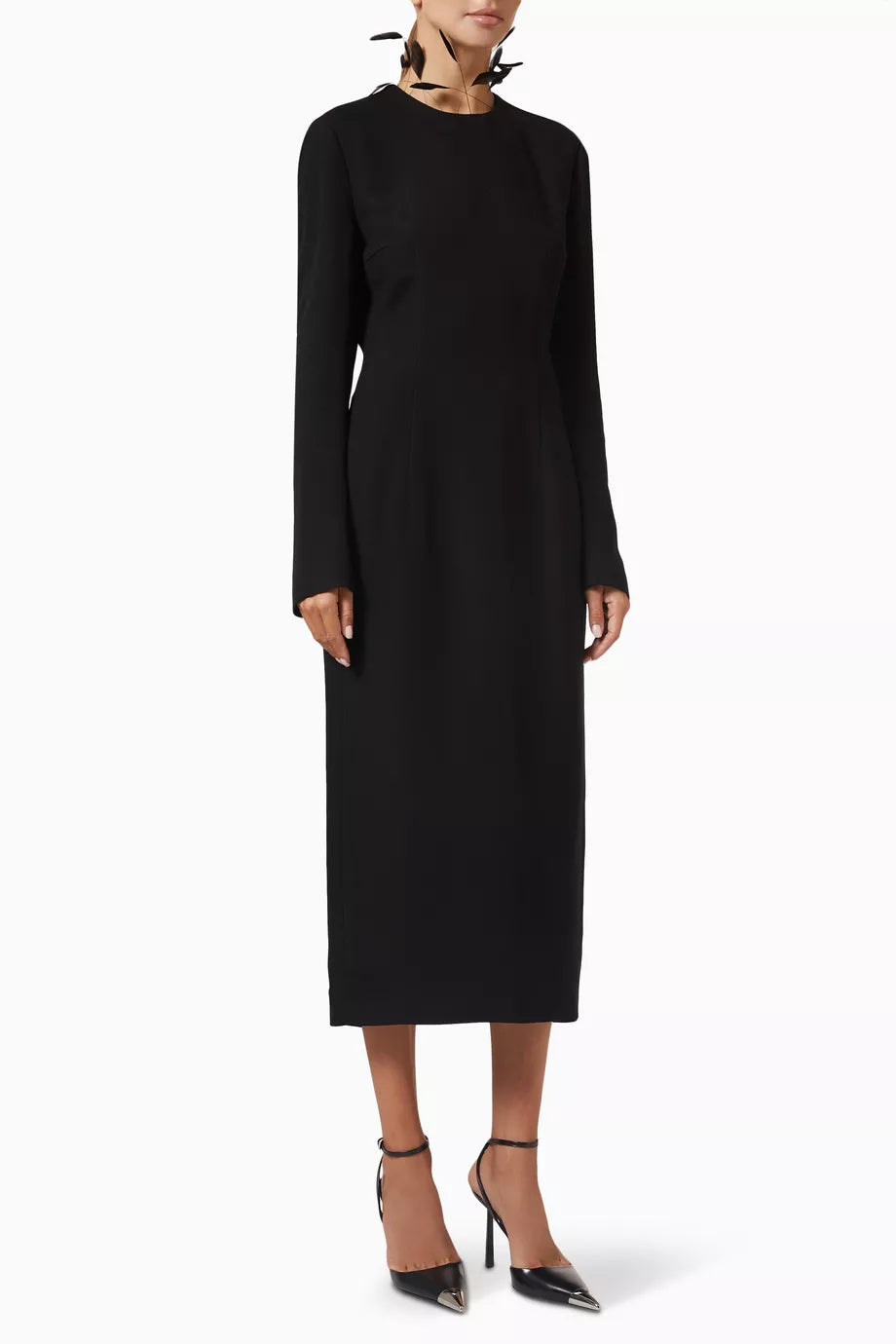 Feather-trimmed Collar Midi Dress in Cady