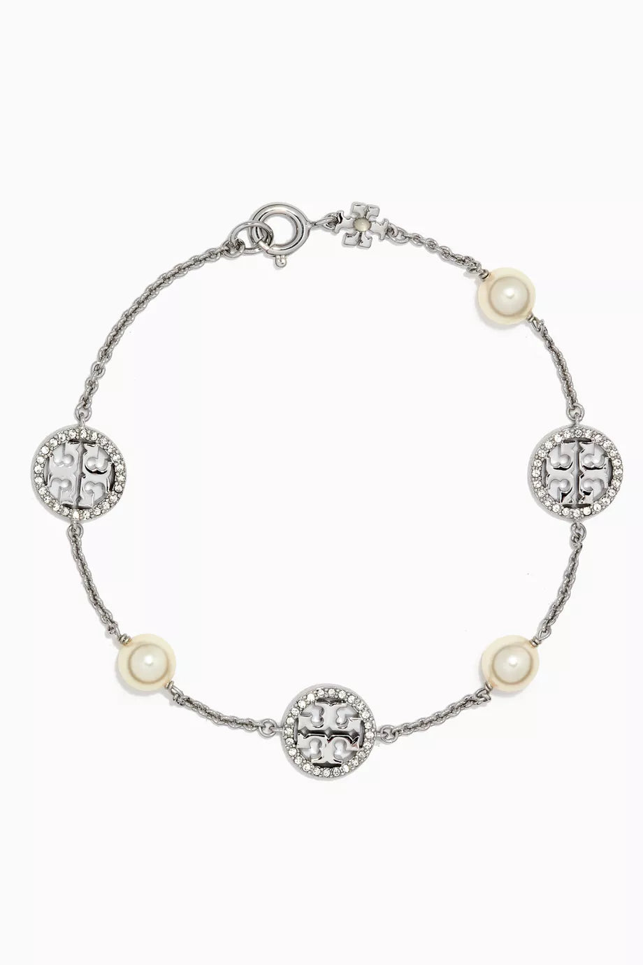 Crystal Pearl Delicate Logo Bracelet in Metal