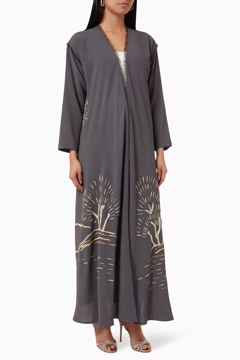 Embellished Raw-edged Abaya in Crêpe