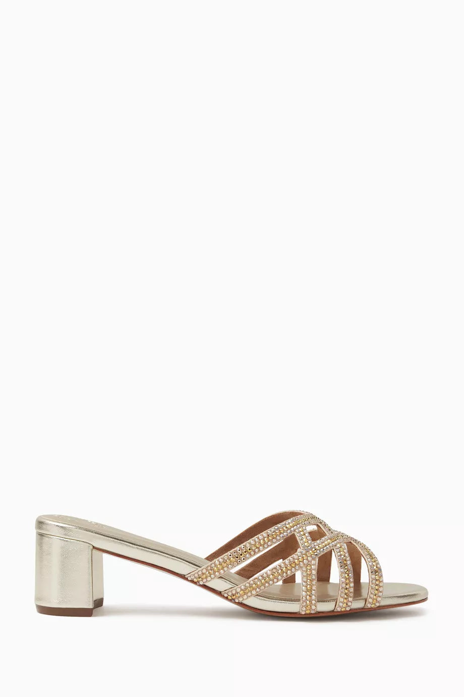 Amos Crystal Mule Sandals in Metallic Leather