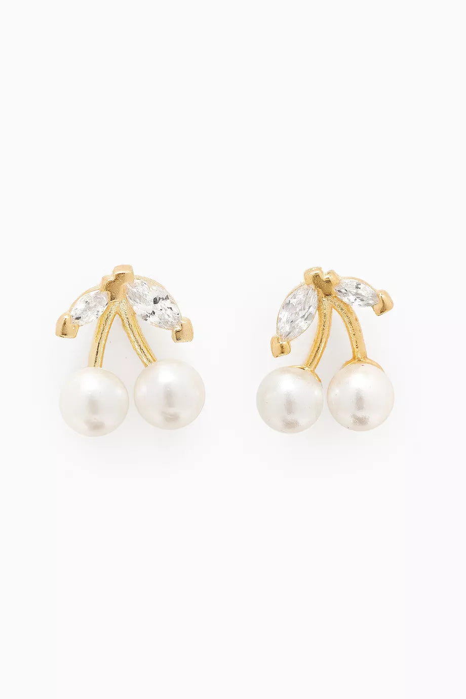 CZ & Pearl Cherry Stud Earrings in Gold-plated Brass