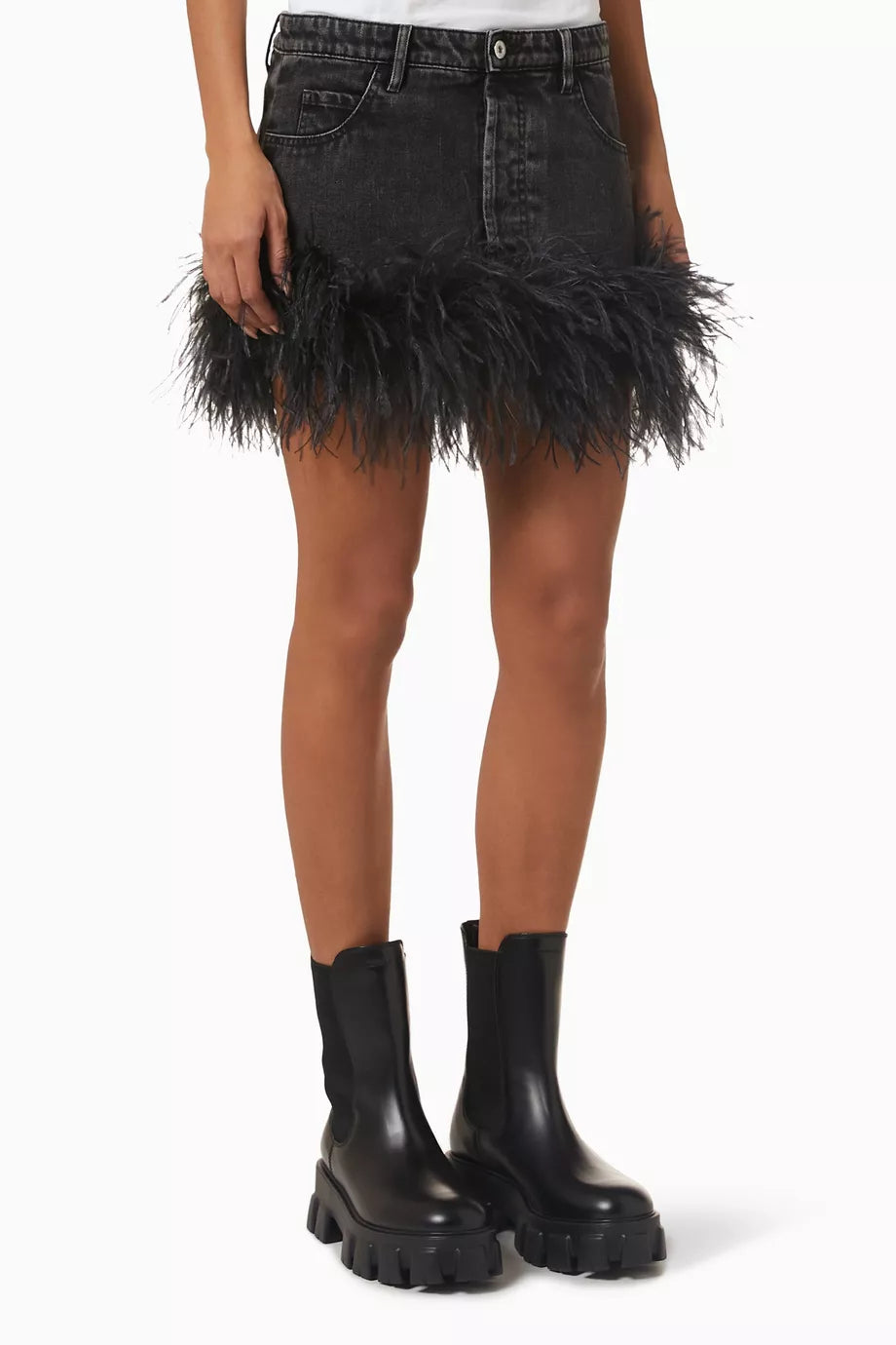 Feather-trim Mini Skirt in Denim