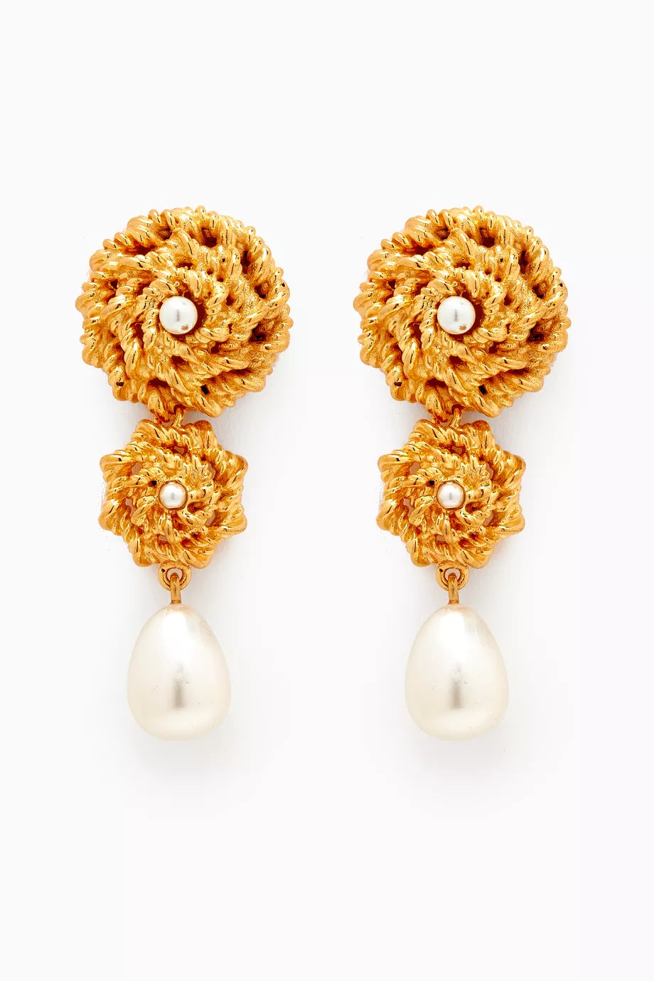 Dangling Drop Earrings in Gold-plated Brass & Pearls