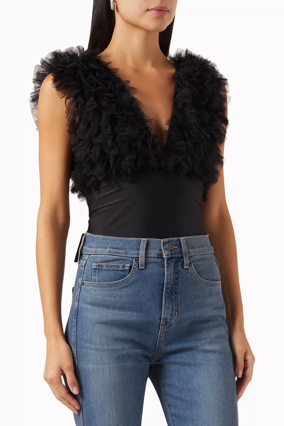 Frilled Tulle Bodysuit in Crepe