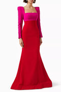 Lace-up Sleeve Two-tone Maxi Dress in Crepe