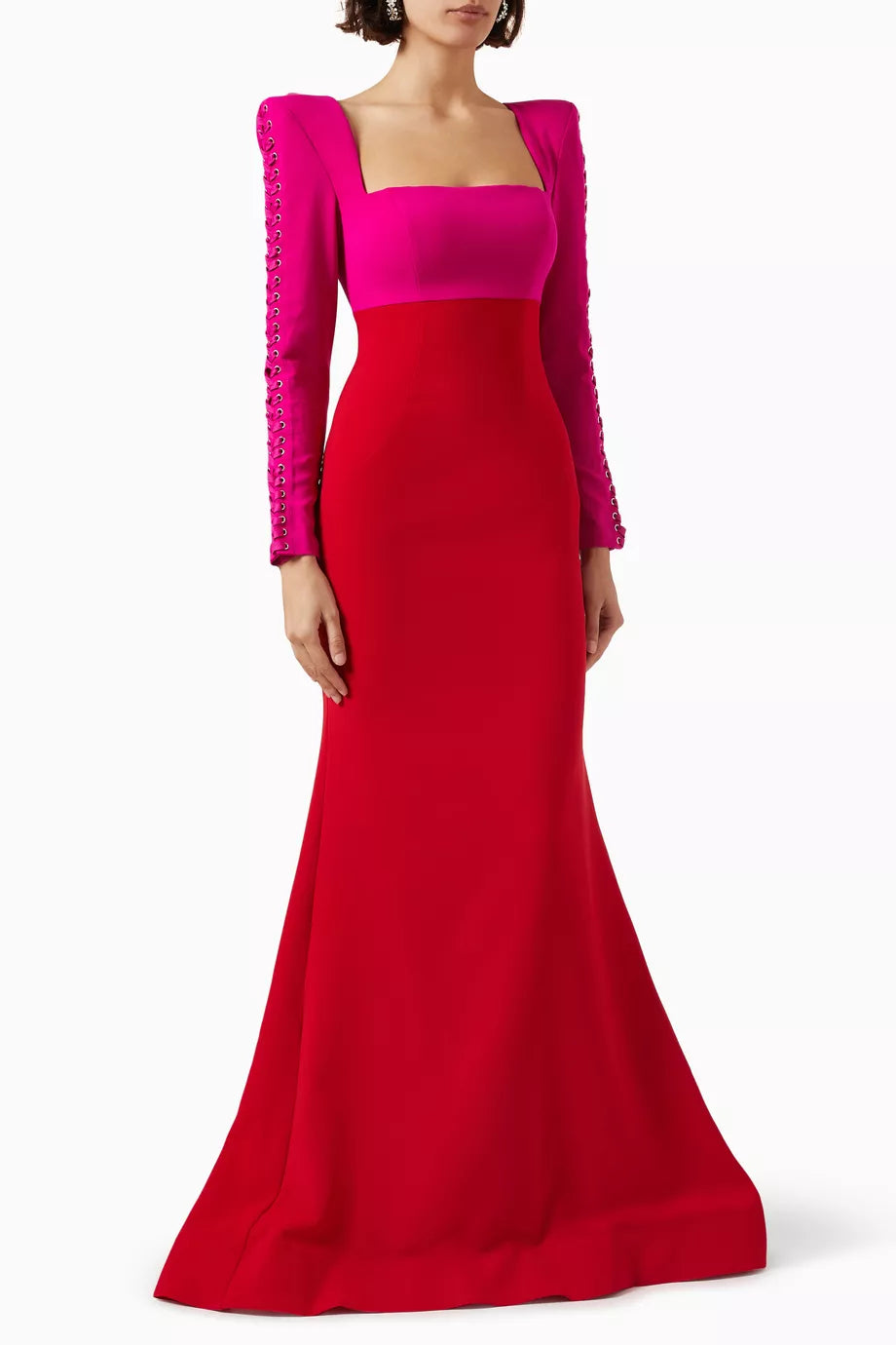 Lace-up Sleeve Two-tone Maxi Dress in Crepe