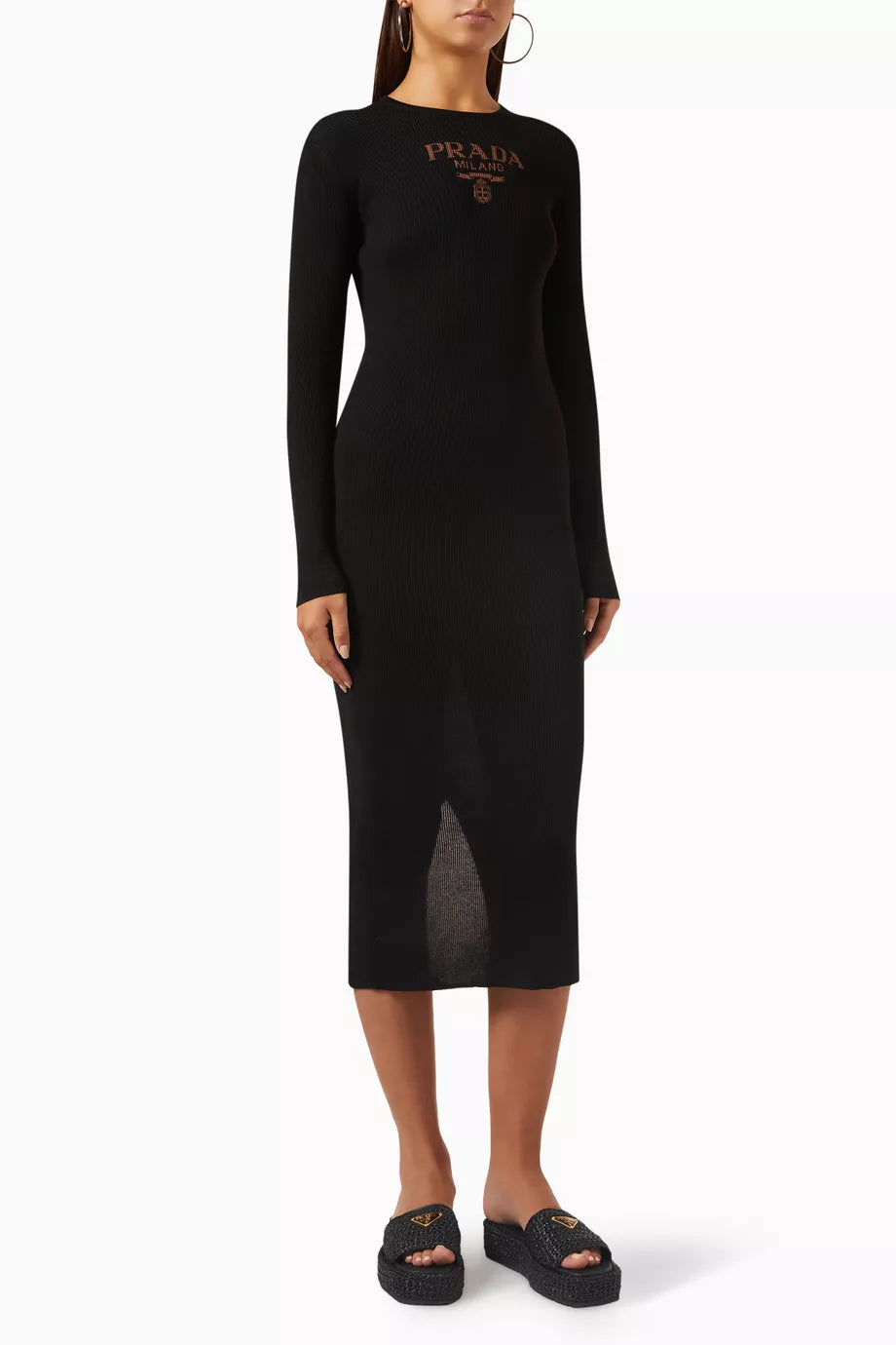 Intarsia Logo Ribbed Midi Dress in Silk