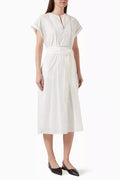 Shiny-trim Belted Dress in Cotton-poplin