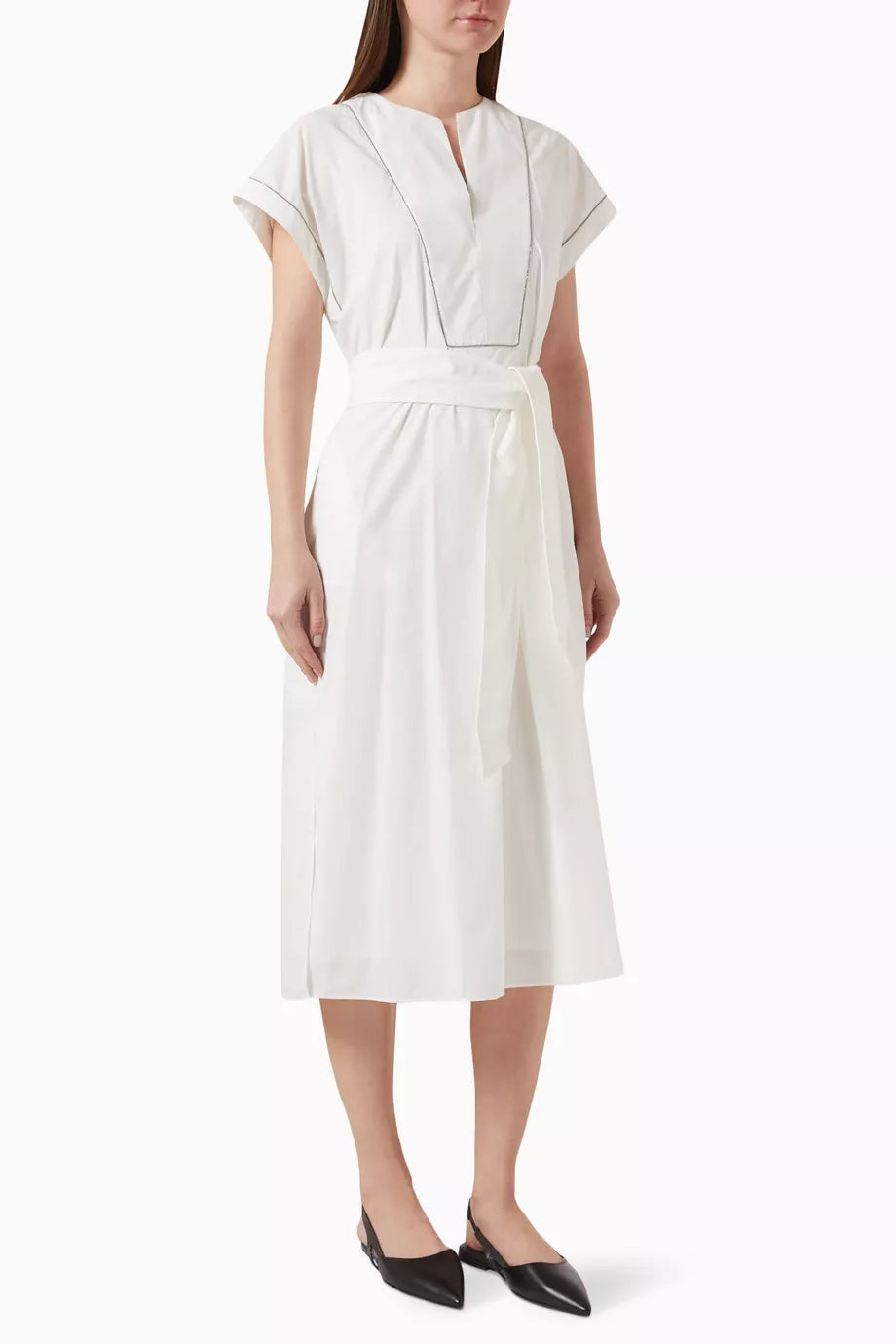 Shiny-trim Belted Dress in Cotton-poplin