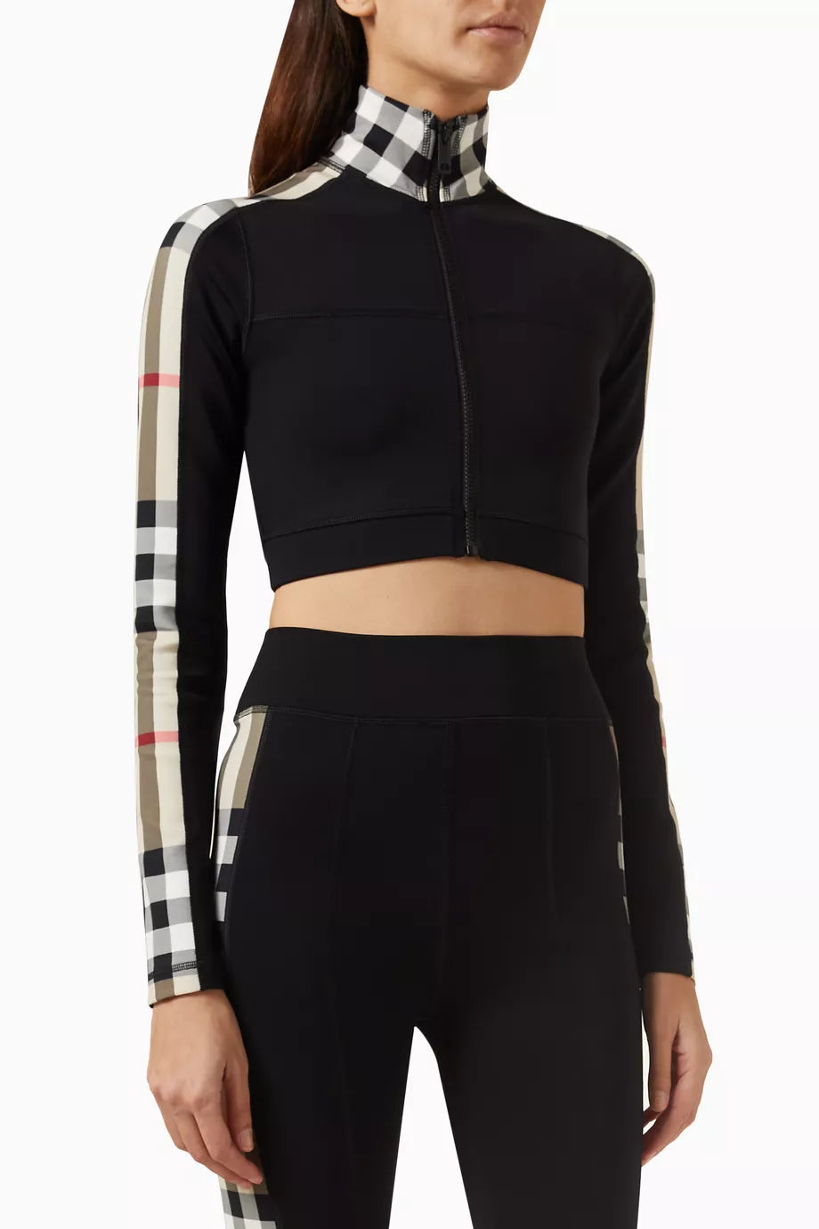 Check Trim Cropped Zip Top in Stretch Nylon