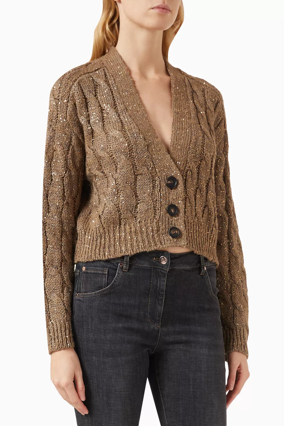 Embellished Cable-knit Cardigan in Silk & Linen