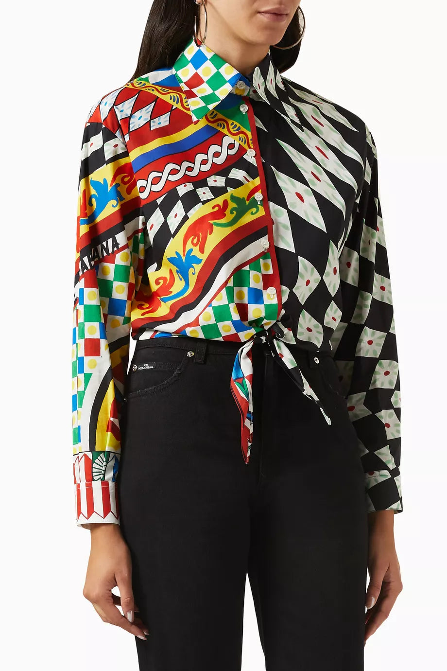 Carretto-print Tie Crop Shirt in Cotton-poplin