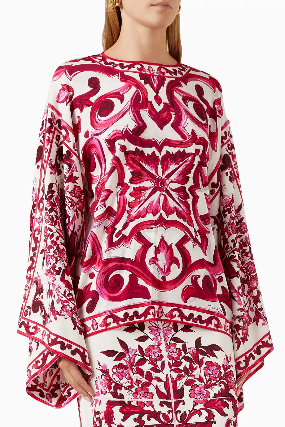 Majolica-print Kimono-sleeve Top in Silk-charmeuse