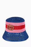 Interlocking G Striped Bucket Hat in Raffia-effect Viscose