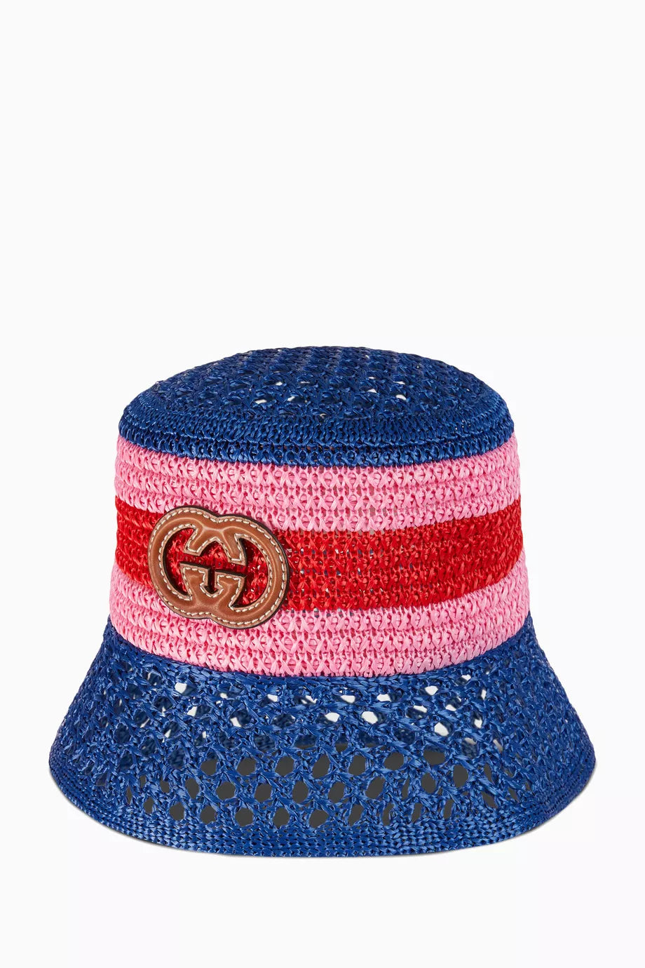 Interlocking G Striped Bucket Hat in Raffia-effect Viscose