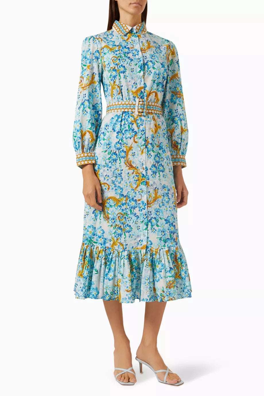 Floral-print Belted Midi Dress in Chiffon