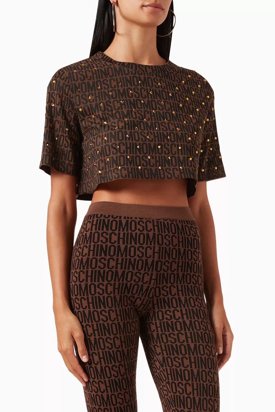 All-over Logo Embellished Crop T-shirt in Cotton-blend