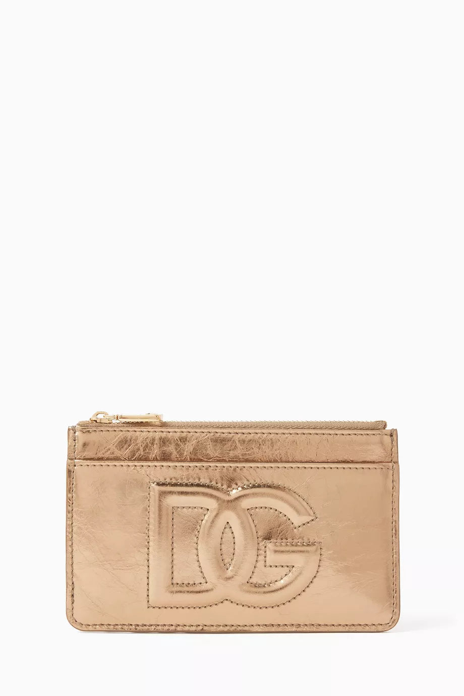 Medium DG Logo Card Holder in Metallic Crackled Leather