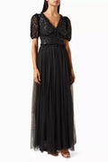 Sequin-embellished Puff-sleeves Maxi Dress