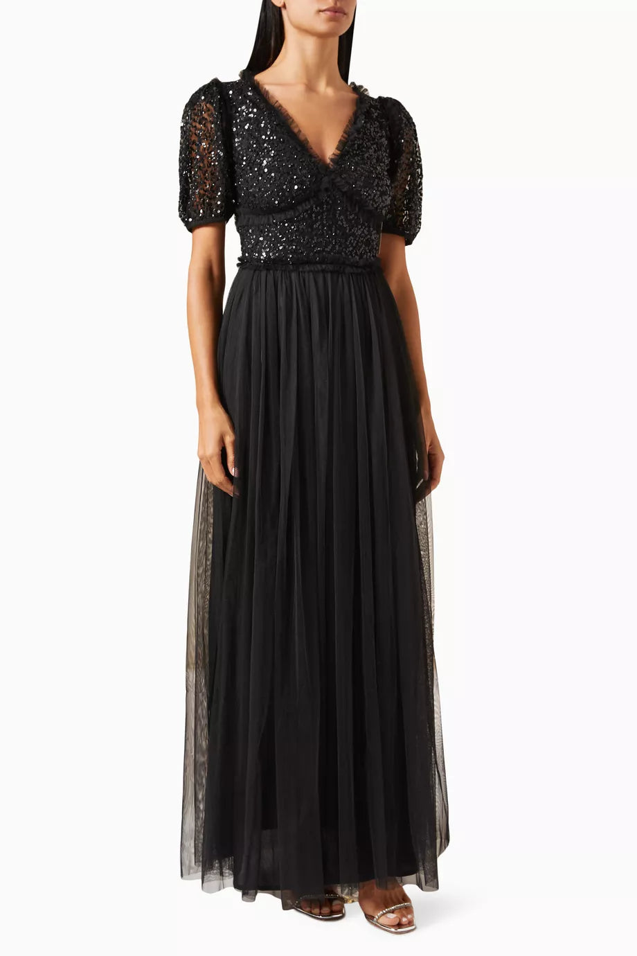 Sequin-embellished Puff-sleeves Maxi Dress