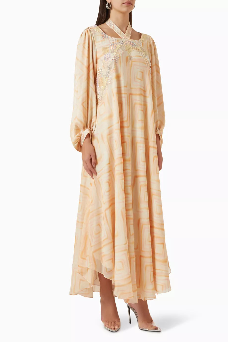 Embellished Geometric-print Maxi Dress in Chiffon