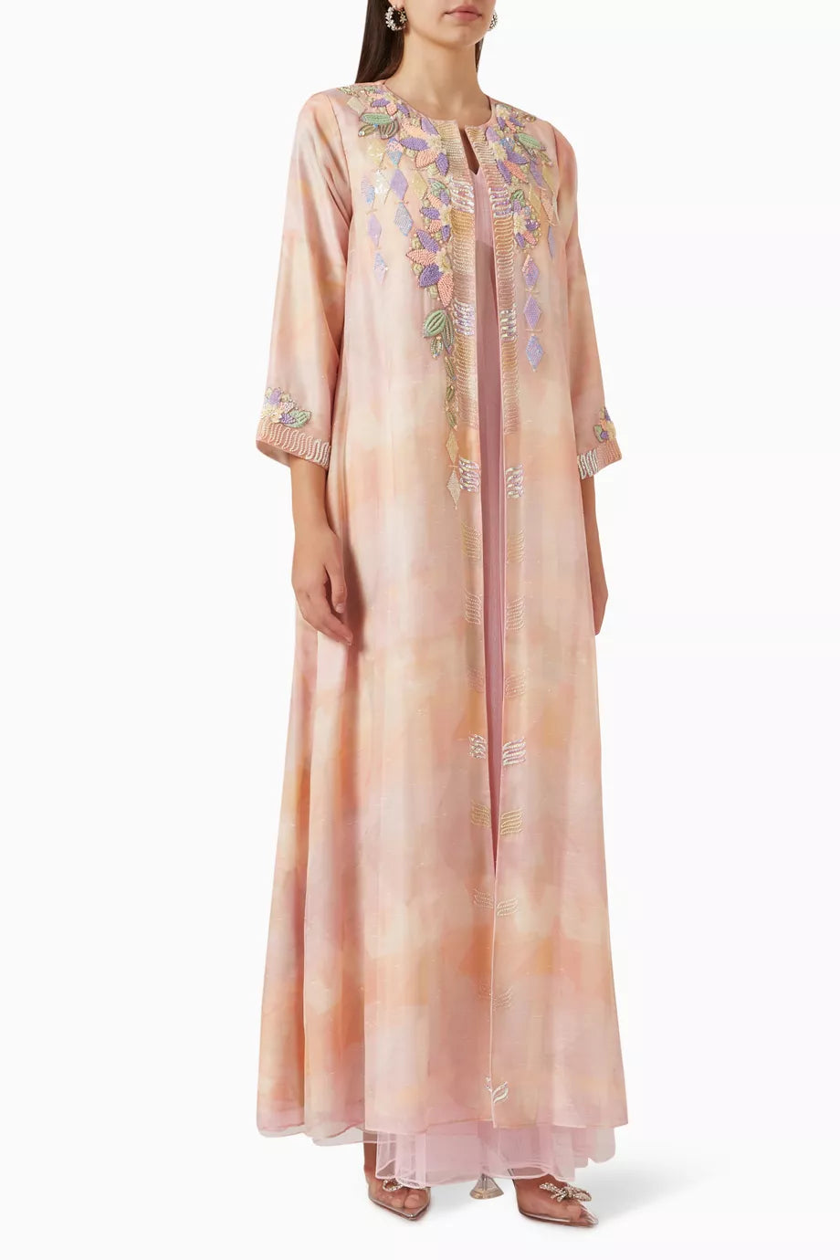 Embellished Kaftan Set in Linen & Tulle