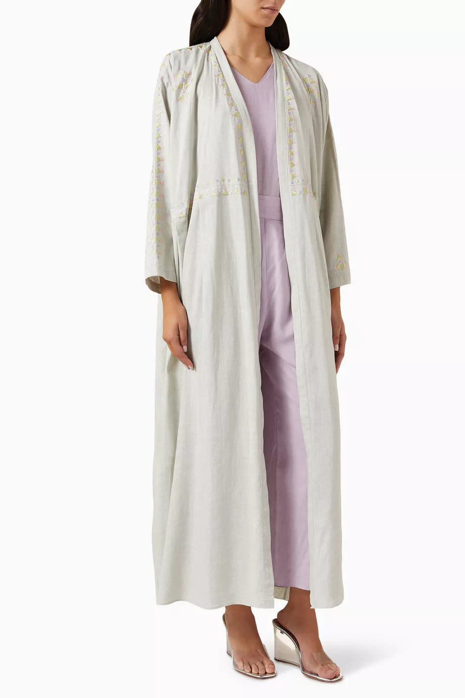 3-piece Embroidered Travel Abaya Set in Linen