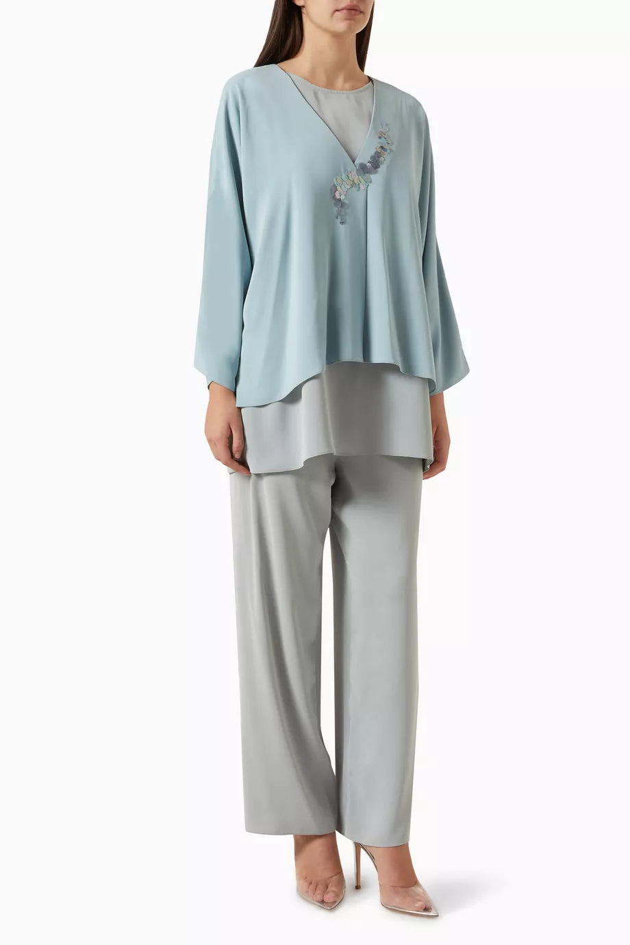 3-piece Sequin-embellished Top & Pants Set in Crepe