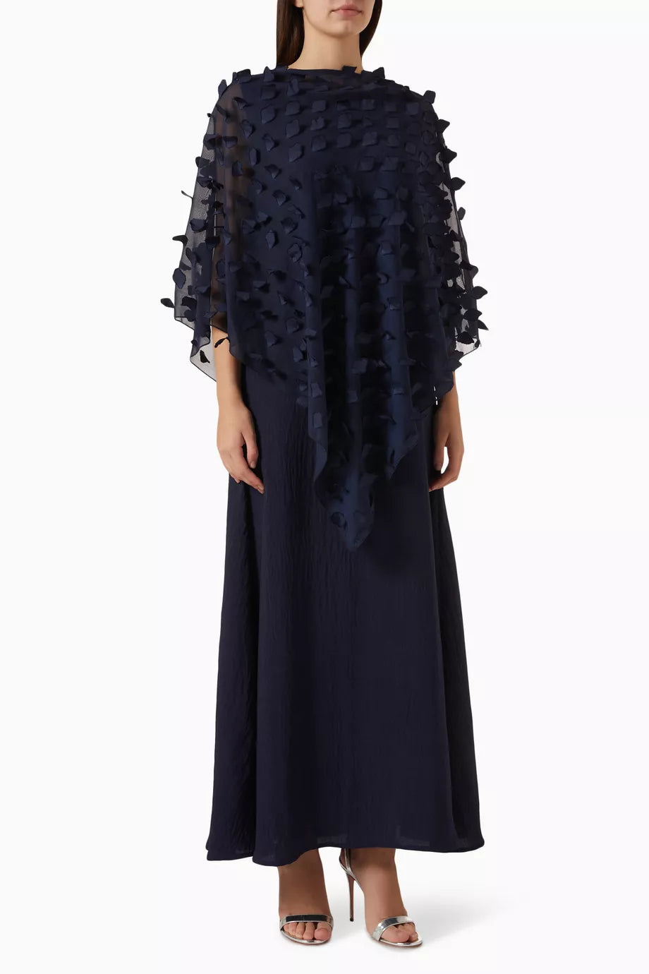 Appliquéd Poncho & Maxi Dress Set in Crepe & Chiffon