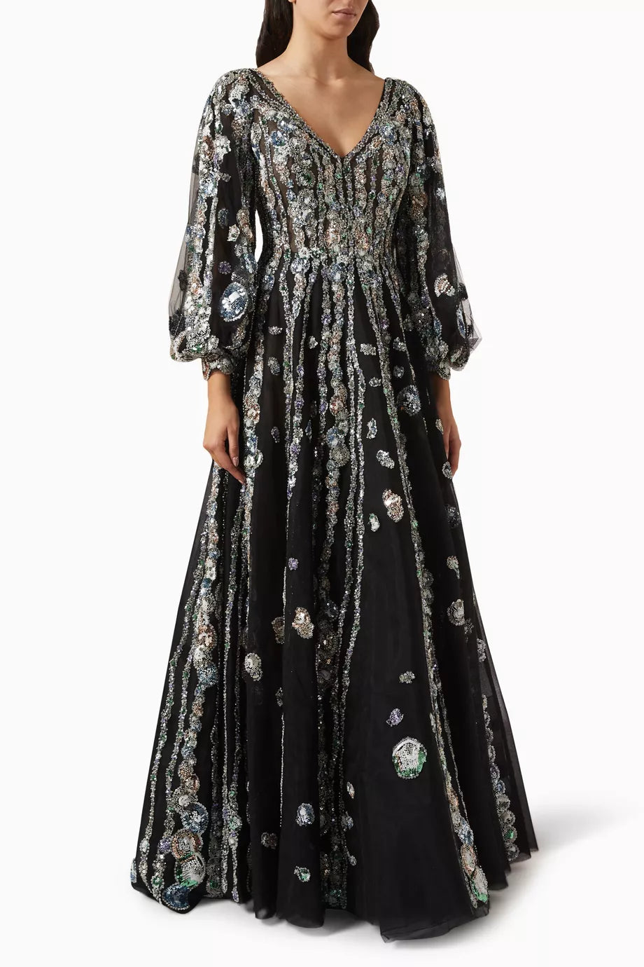 Bell Sleeved Dress in Beaded Tulle