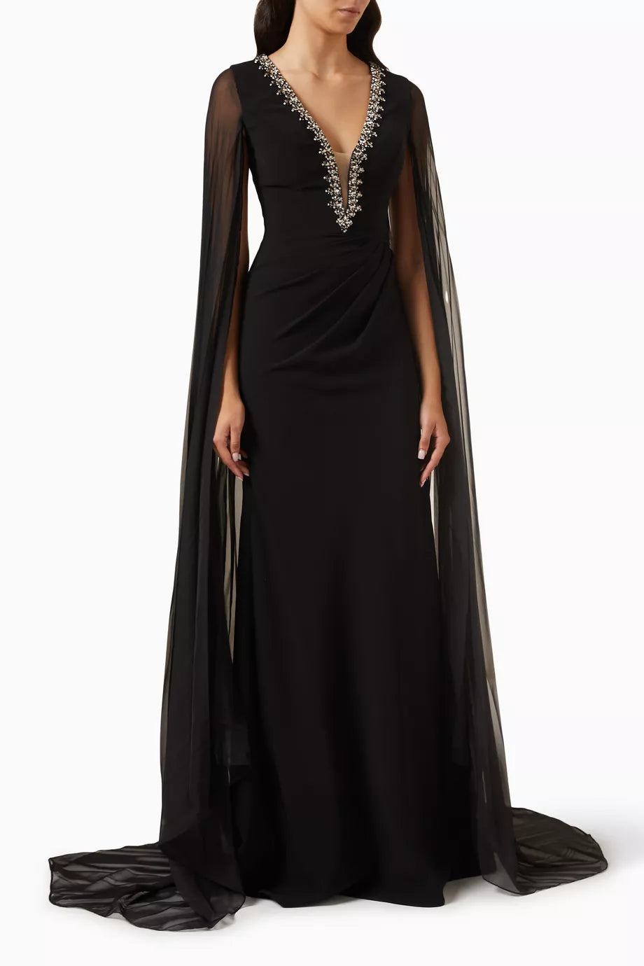 V-neck Crystal-embellished Gown in Stretch Crepe