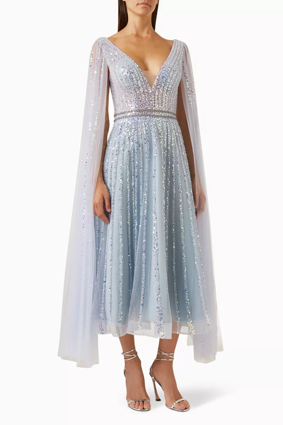 Cape-sleeve Embellished Dress in Tulle