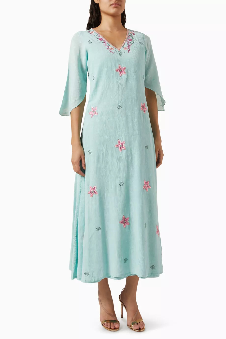 Embroidered Midi Dress in Polka Dot Crinkled Fabric