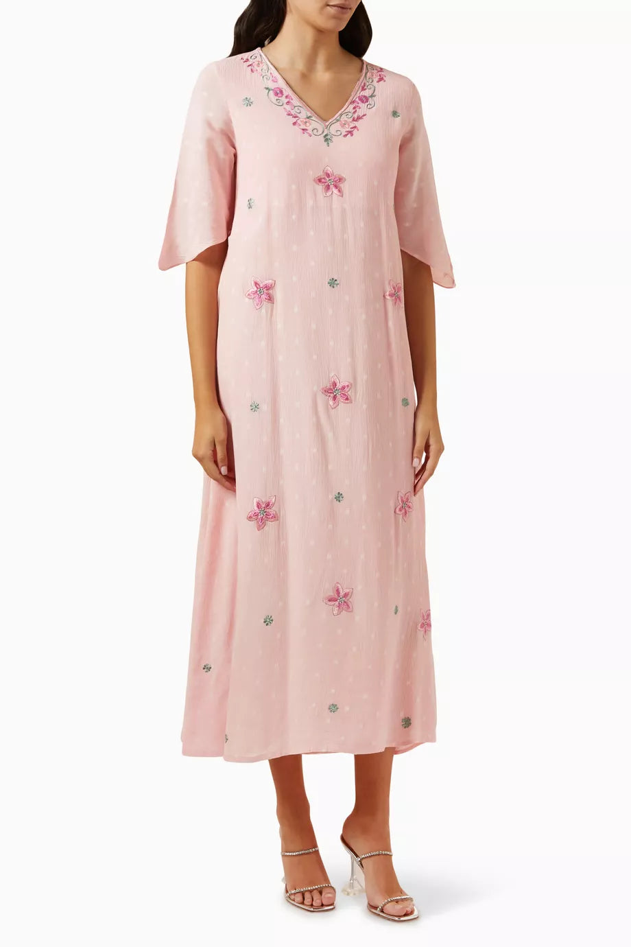 Embroidered Midi Dress in Polka Dot Crinkled Fabric