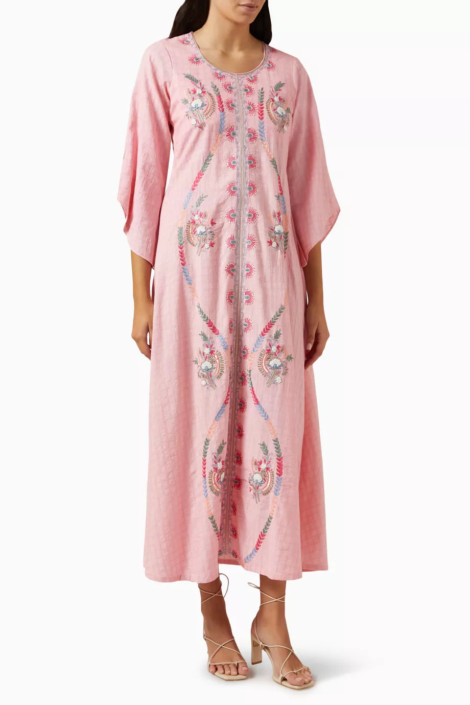 Embroidered Midi Dress in Check Fabric