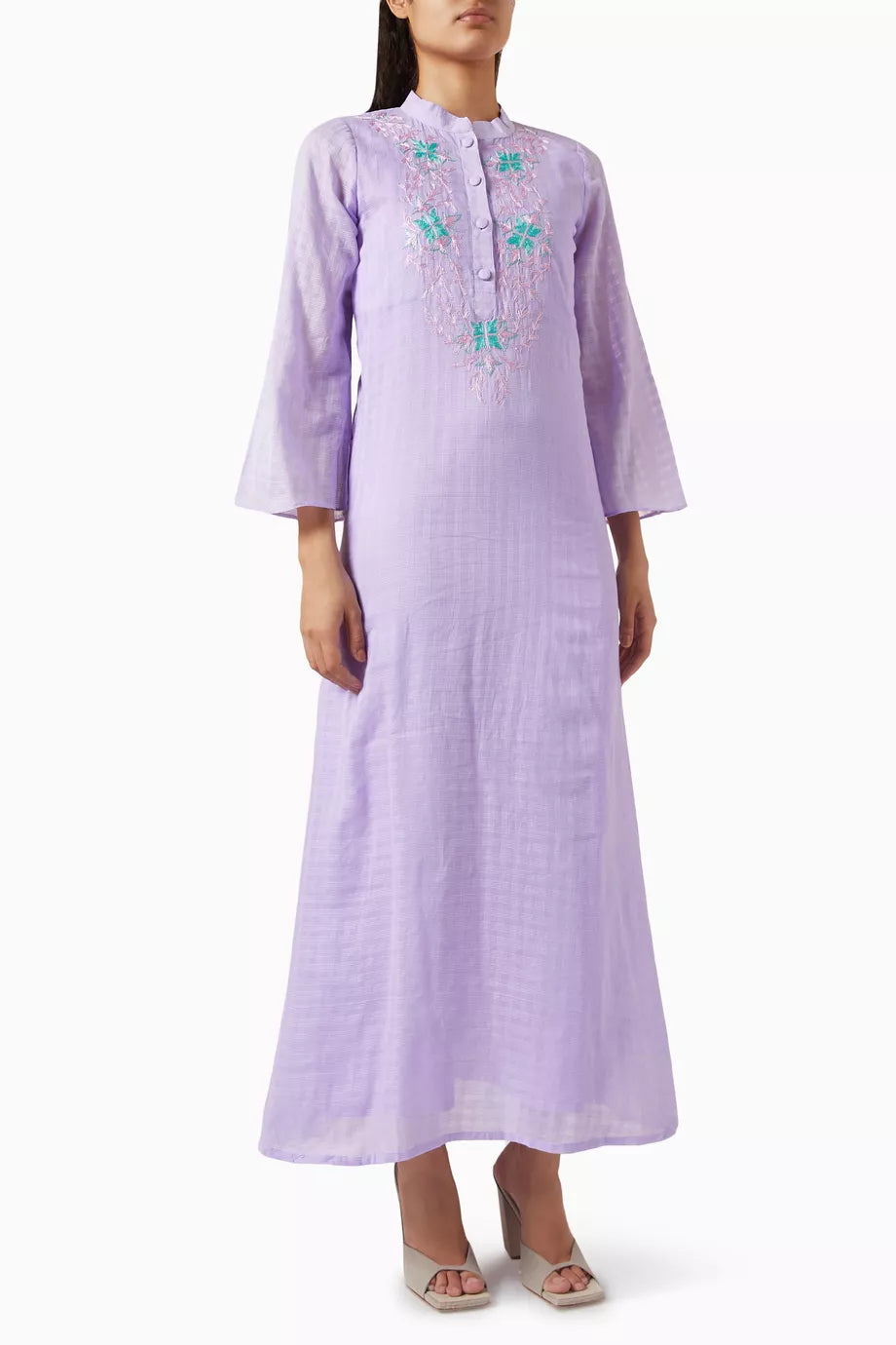 Embroidered Maxi Dress in Check Fabric