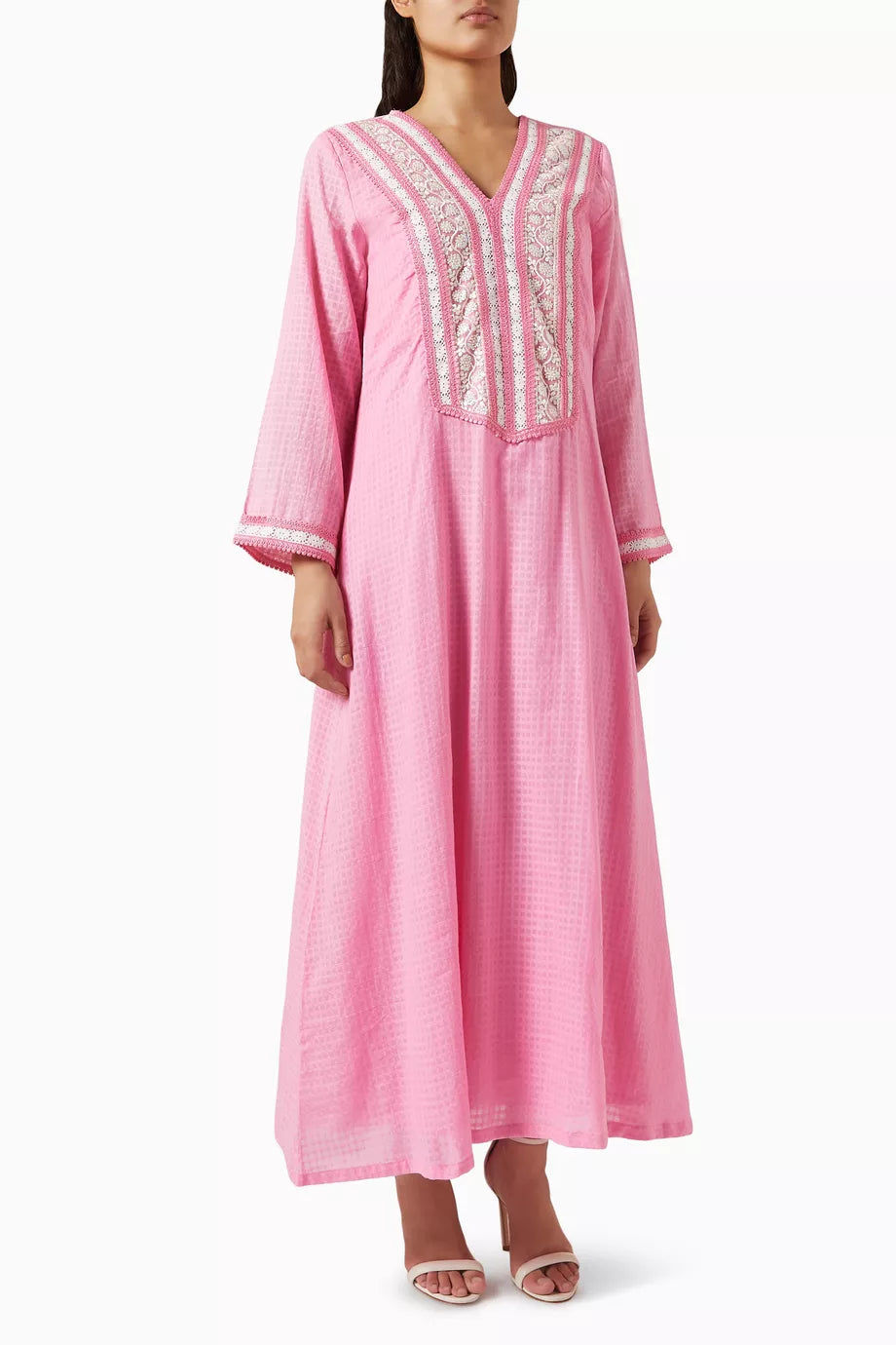 Embroidered Maxi Dress in Check Fabric