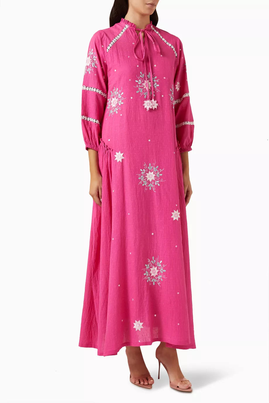 Embroidered Midi Dress in Check Fabric