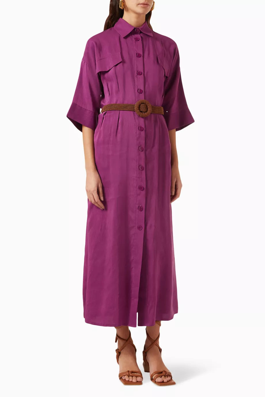 Belted Shirt Maxi Dress in Linen