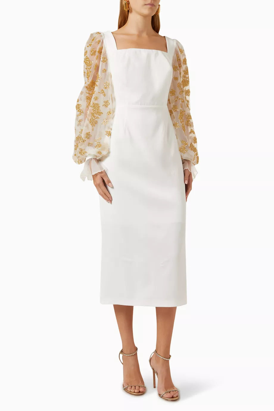 Tulle Floral-print Sleeves Maxi Dress in Crepe